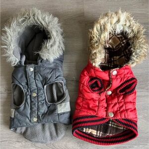 Gray and Red Dog Jackets with Faux Fur Trim
